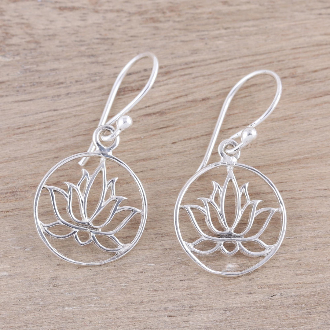 Sterling Silver Lotus Dangle Earrings from India - Delightful Lotus