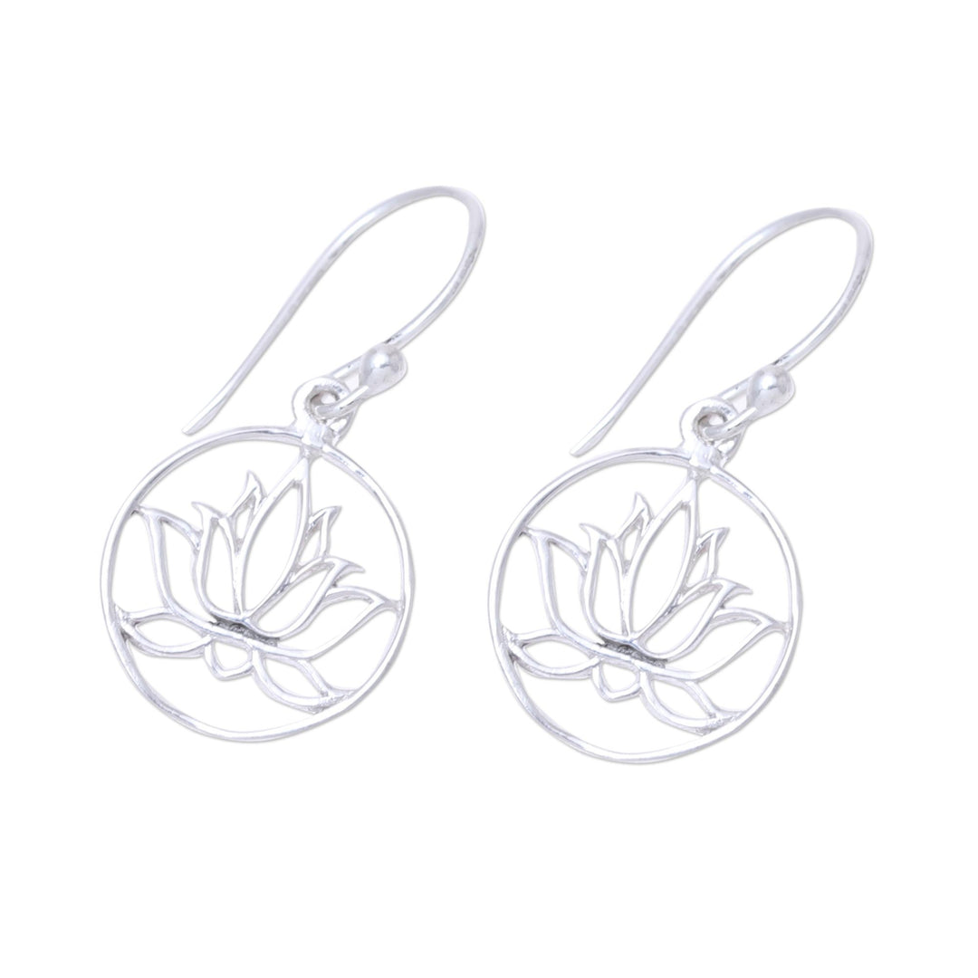 Sterling Silver Lotus Dangle Earrings from India - Delightful Lotus