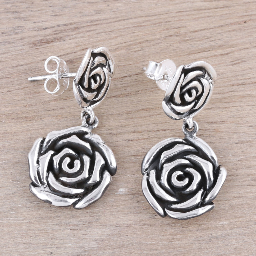 Rose-Shaped Sterling Silver Dangle Earrings from India - Adorable Beauty
