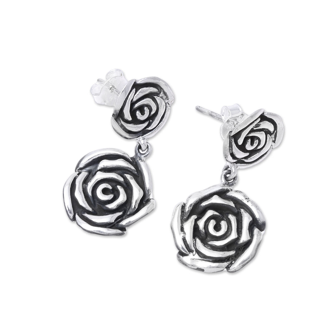 Rose-Shaped Sterling Silver Dangle Earrings from India - Adorable Beauty