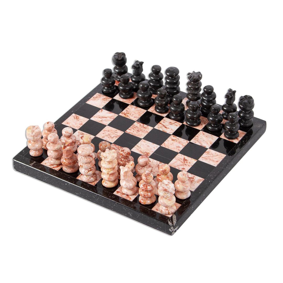 Marble Chess Set in Black and Pink from Mexico (7.5 in.) - Black and Pink Challenge