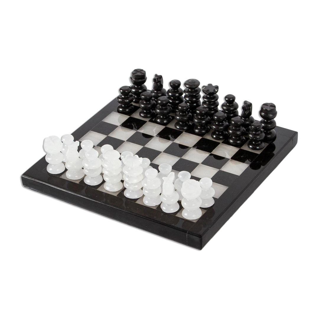 Onyx and Marble Chess Set in Black and Ivory (7.5 in.) - Black and Ivory Challenge