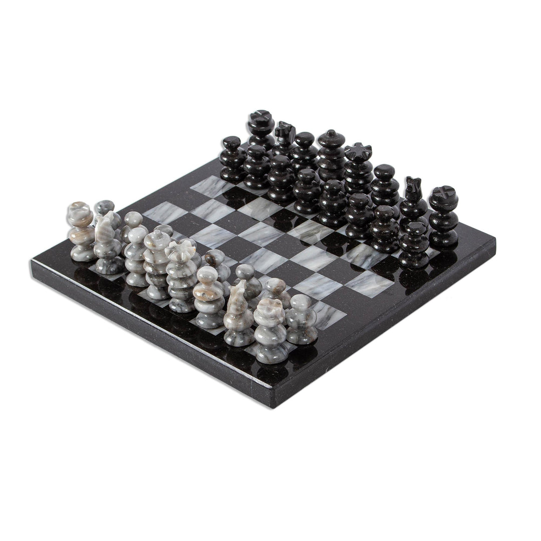 Marble Chess Set in Black and Grey from Mexico (7.5 in.) - Black and Grey Challenge