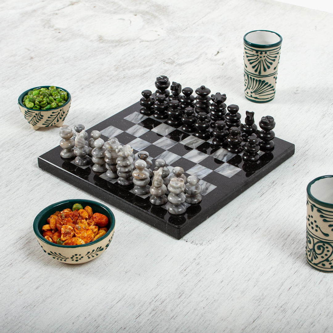 Marble Chess Set in Black and Grey from Mexico (7.5 in.) - Black and Grey Challenge