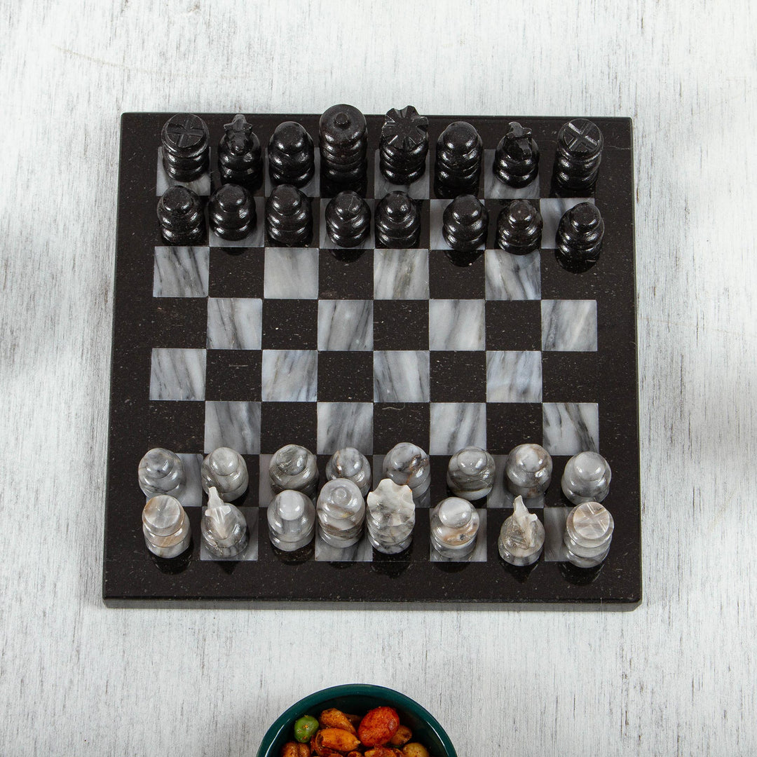 Marble Chess Set in Black and Grey from Mexico (7.5 in.) - Black and Grey Challenge