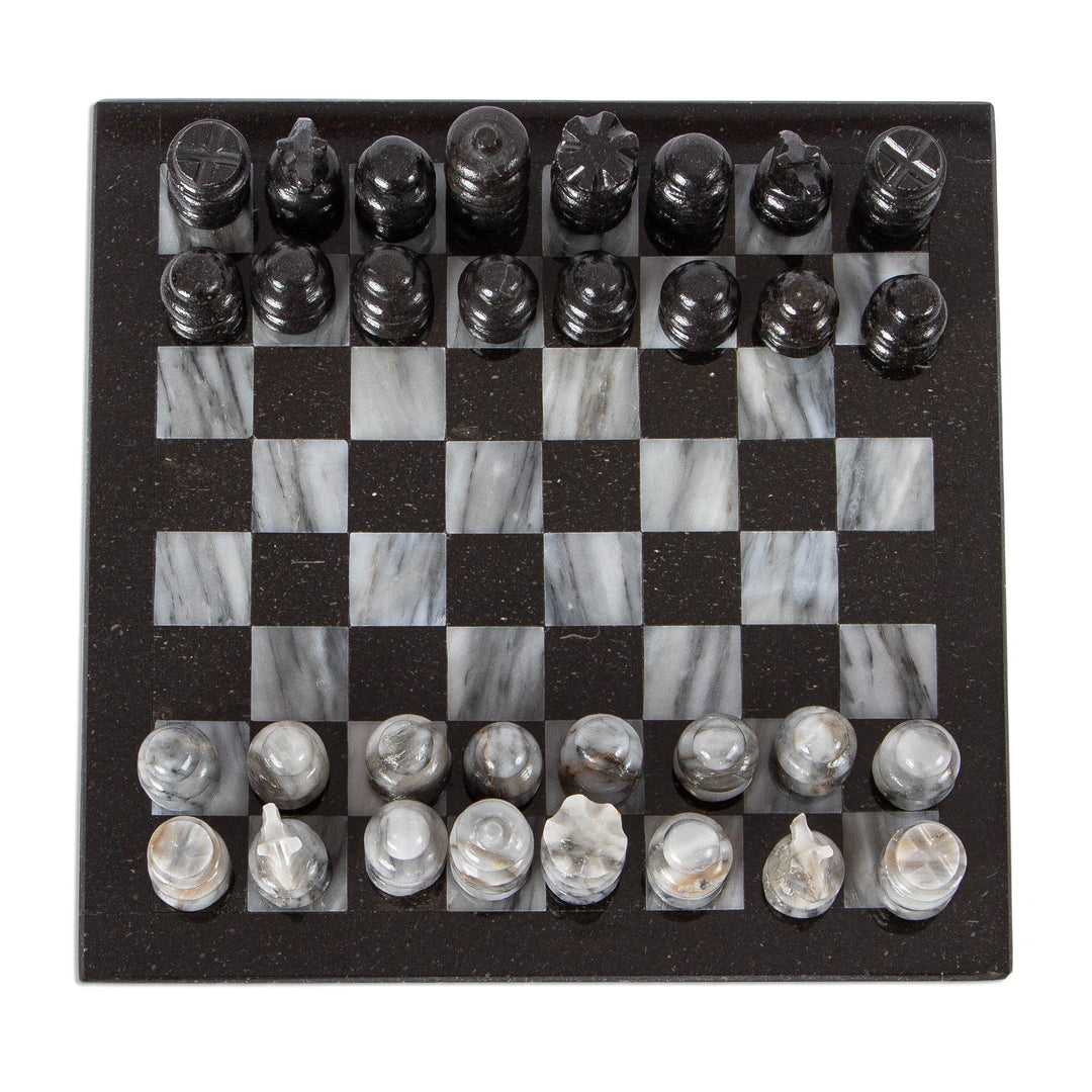 Marble Chess Set in Black and Grey from Mexico (7.5 in.) - Black and Grey Challenge
