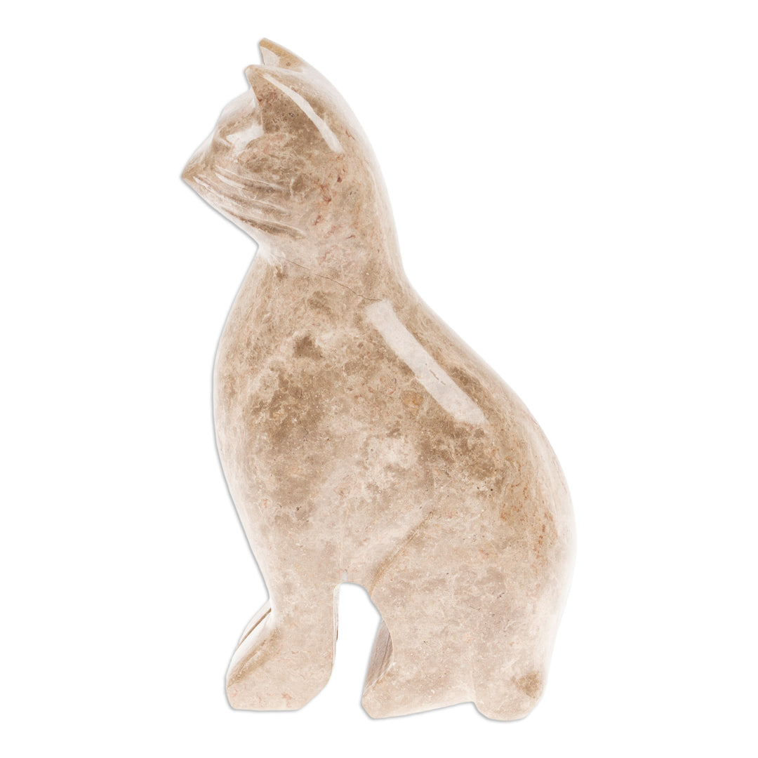 Marble Cat Sculpture in Beige from Mexico - Cafe Cat