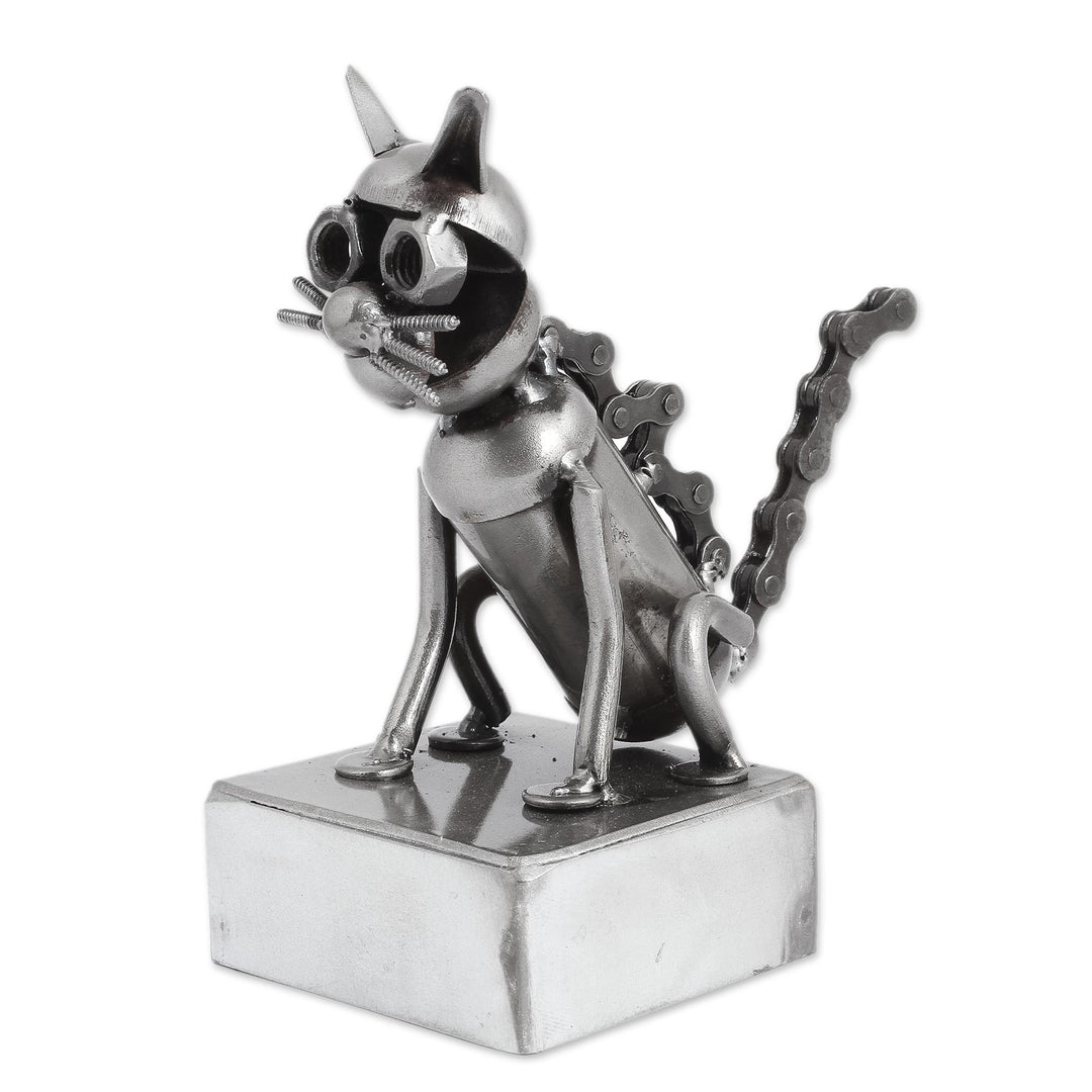 Upcycled Metal Auto Part Cat Sculpture from Mexico - Sitting Cat