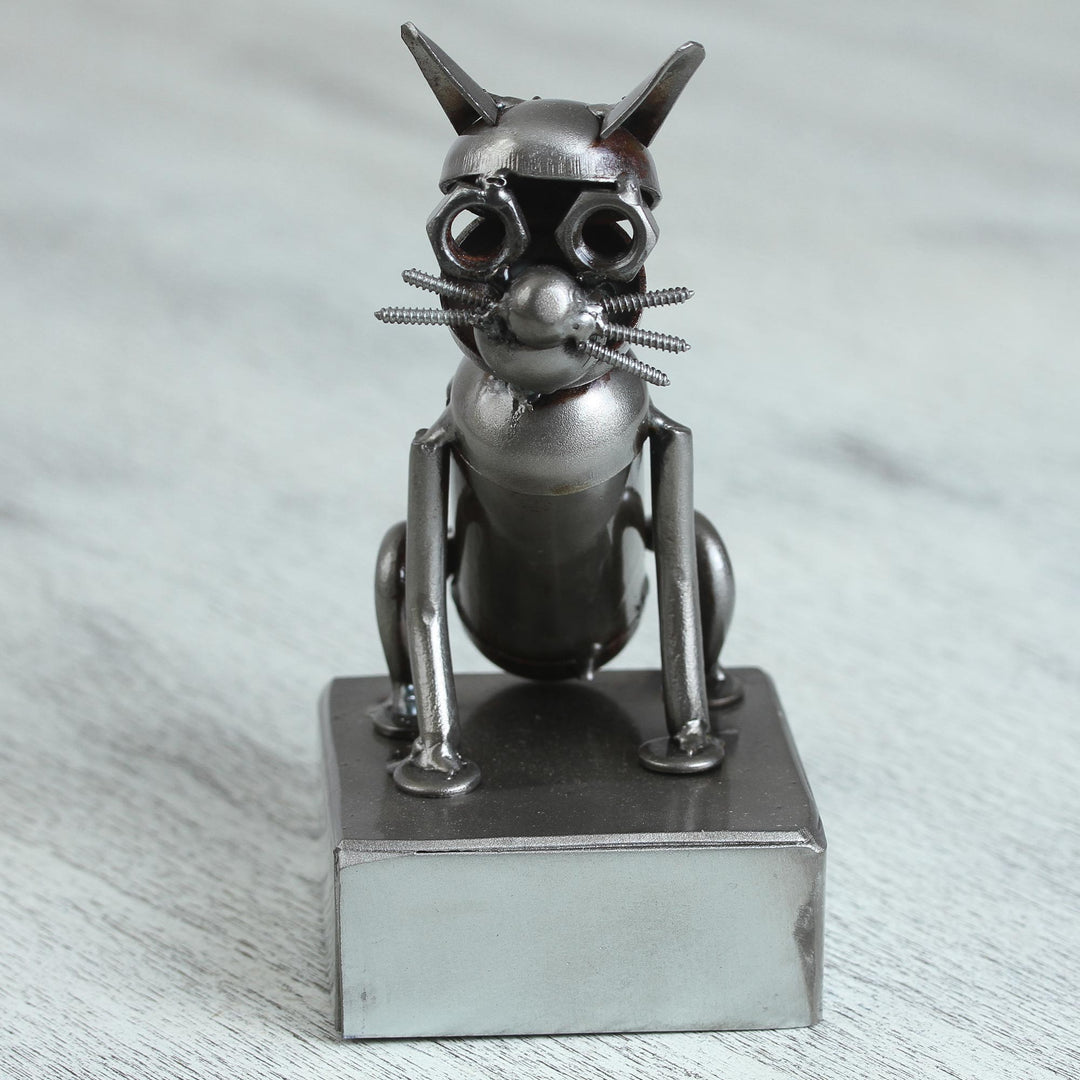 Upcycled Metal Auto Part Cat Sculpture from Mexico - Sitting Cat