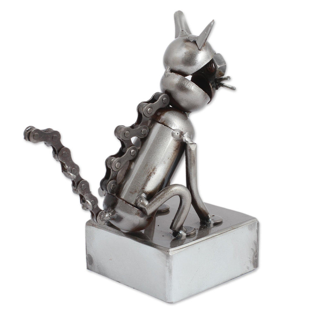 Upcycled Metal Auto Part Cat Sculpture from Mexico - Sitting Cat