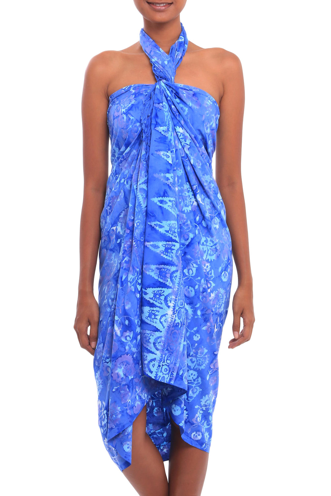 Floral Motif Batik Rayon Sarong in Blue from Bali - Pastel Blue Flowers