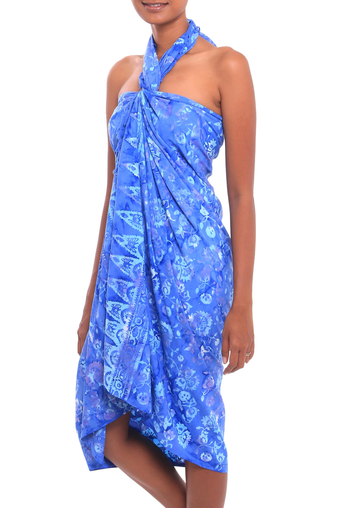 Floral Motif Batik Rayon Sarong in Blue from Bali - Pastel Blue Flowers