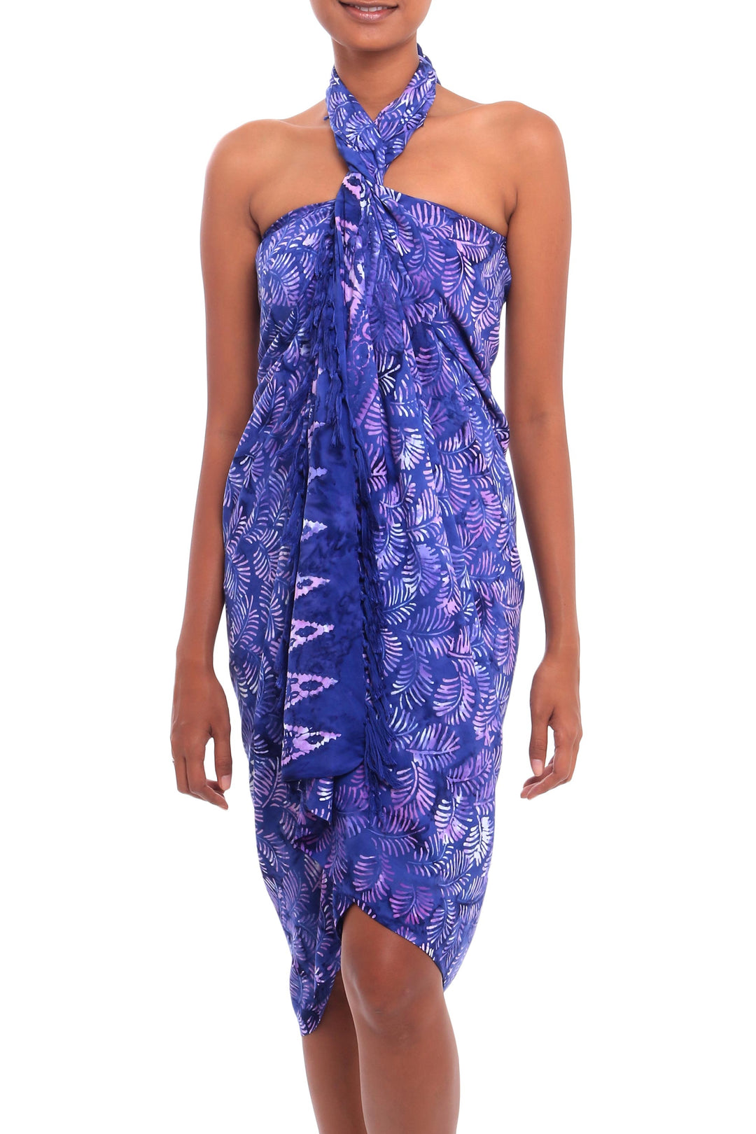 Leaf Motif Batik Rayon Sarong in Purple from Bali - Peaceful Fronds