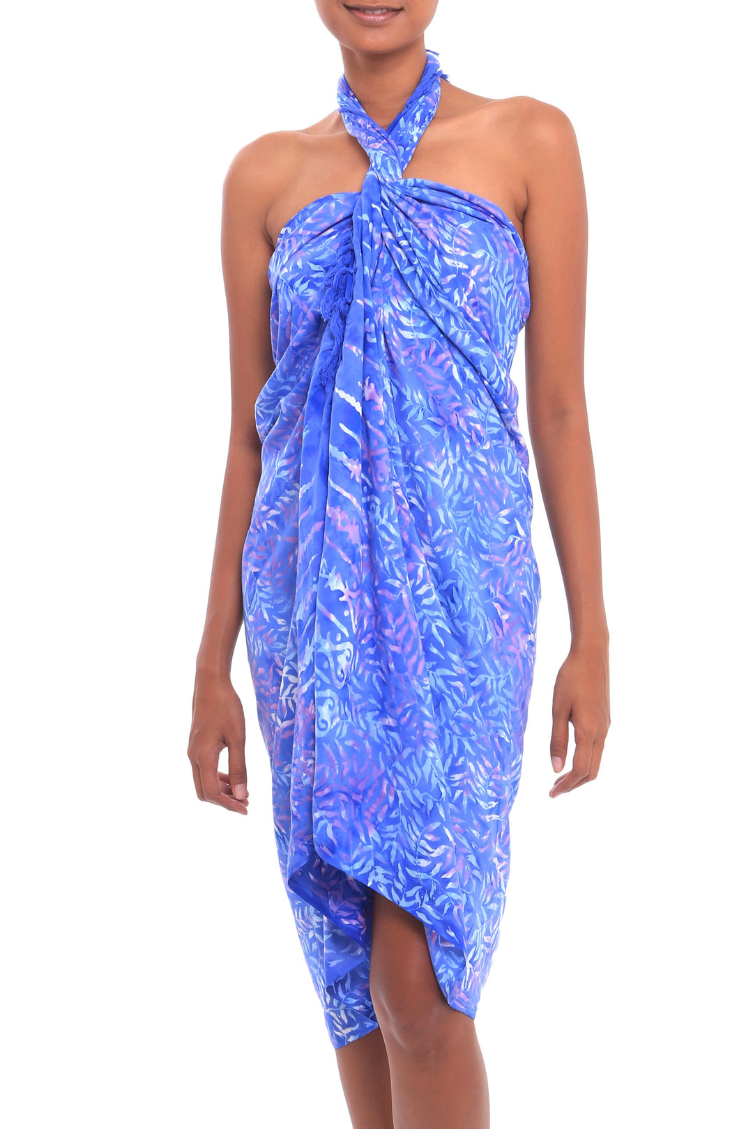 Leaf Motif Batik Rayon Sarong in Sky Blue from Bali - Heavenly Palm