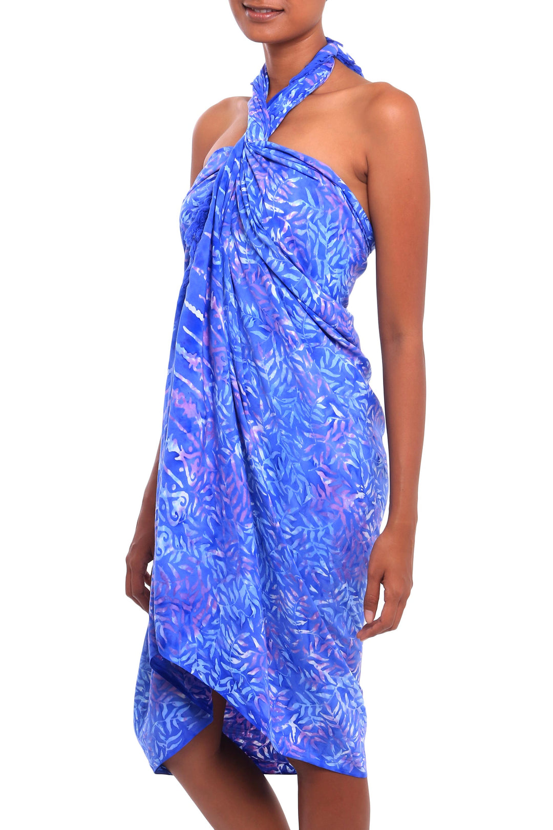 Leaf Motif Batik Rayon Sarong in Sky Blue from Bali - Heavenly Palm