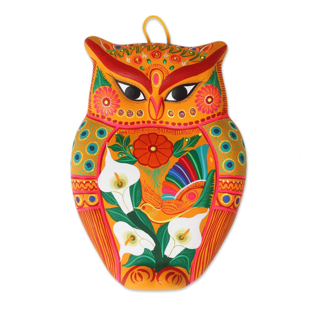 Hand-Painted Ceramic Wall Sculpture in Orange from Mexico - Vibrant Owl