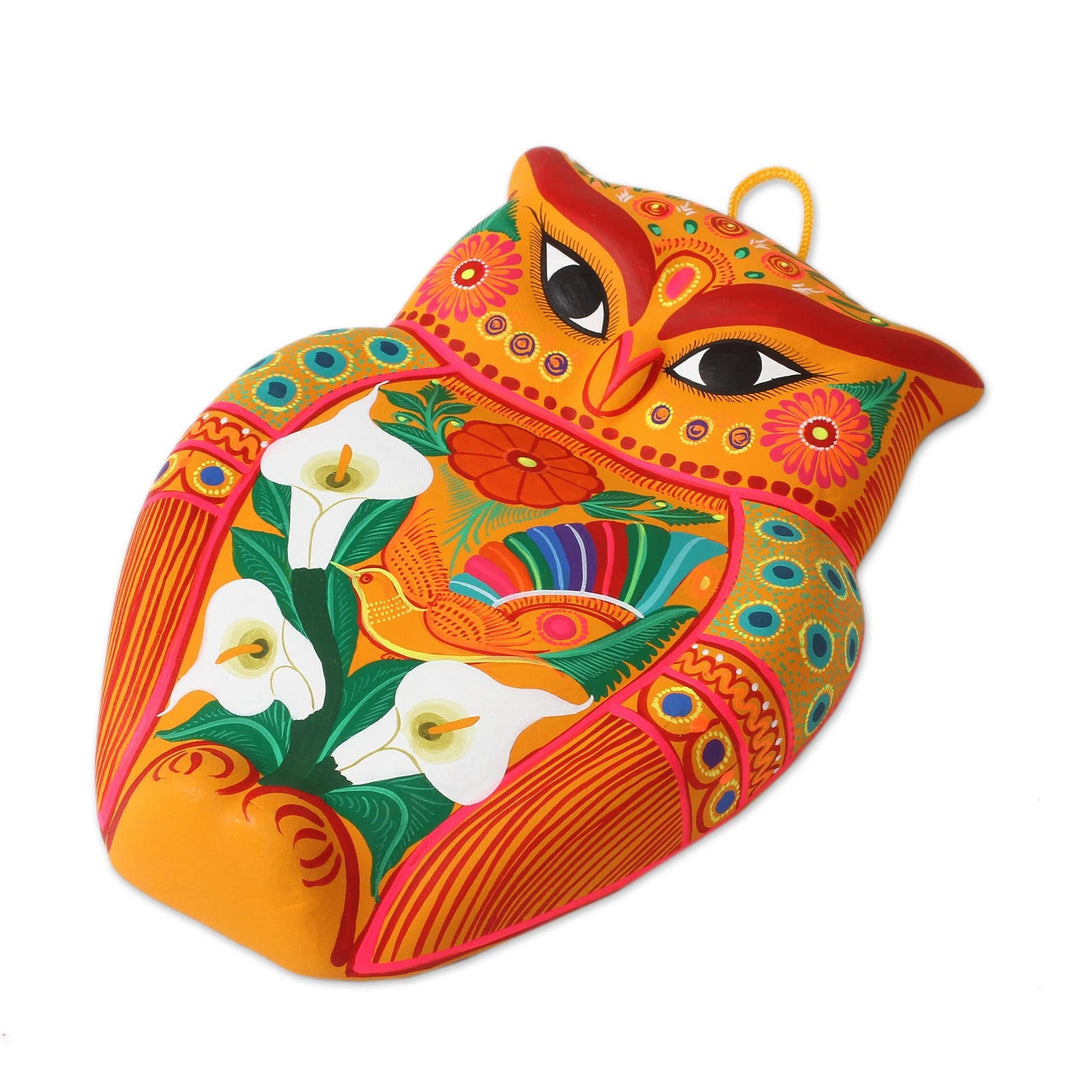 Hand-Painted Ceramic Wall Sculpture in Orange from Mexico - Vibrant Owl
