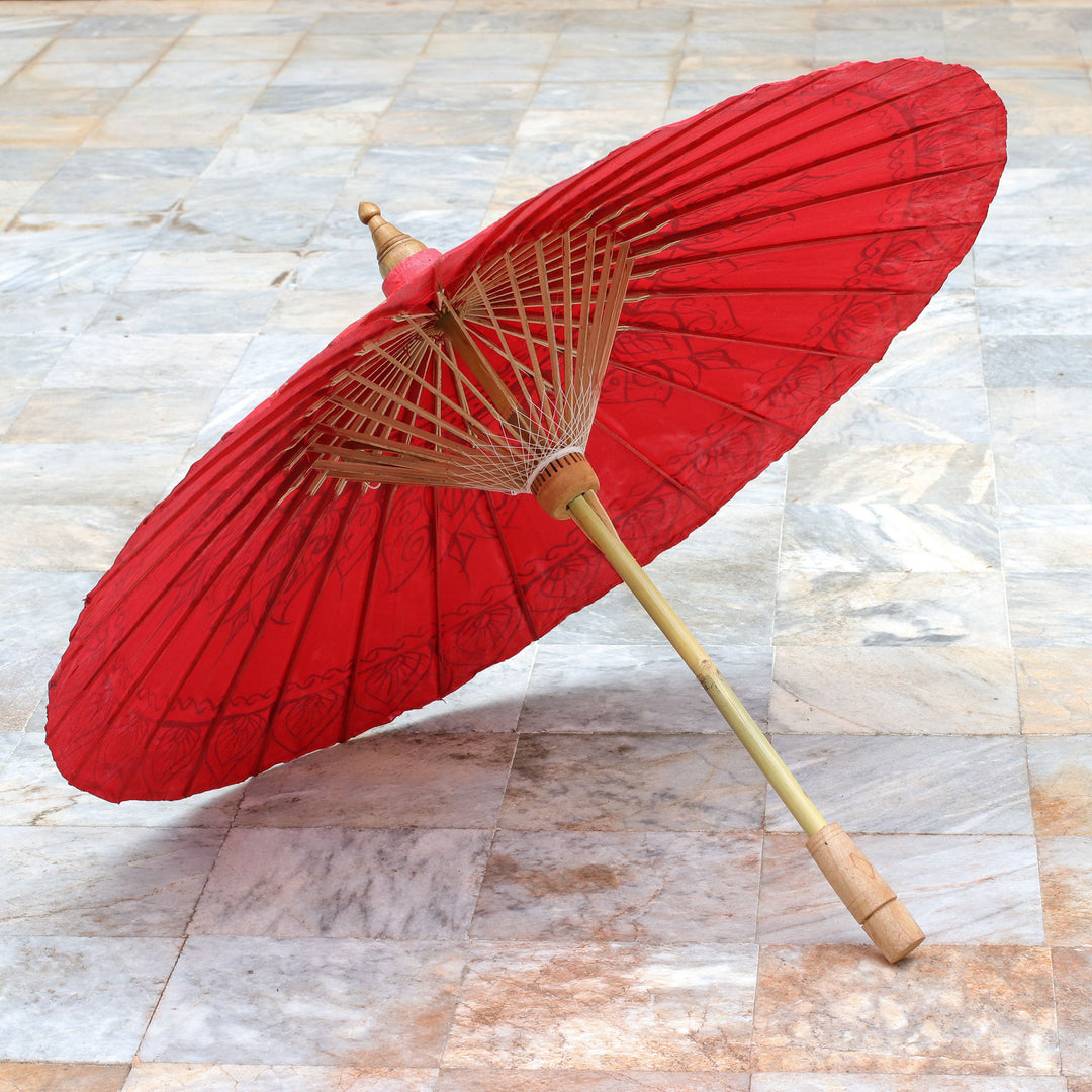 Saa Paper Parasol in Red with Gold Accents from Thailand - Motifs on Red