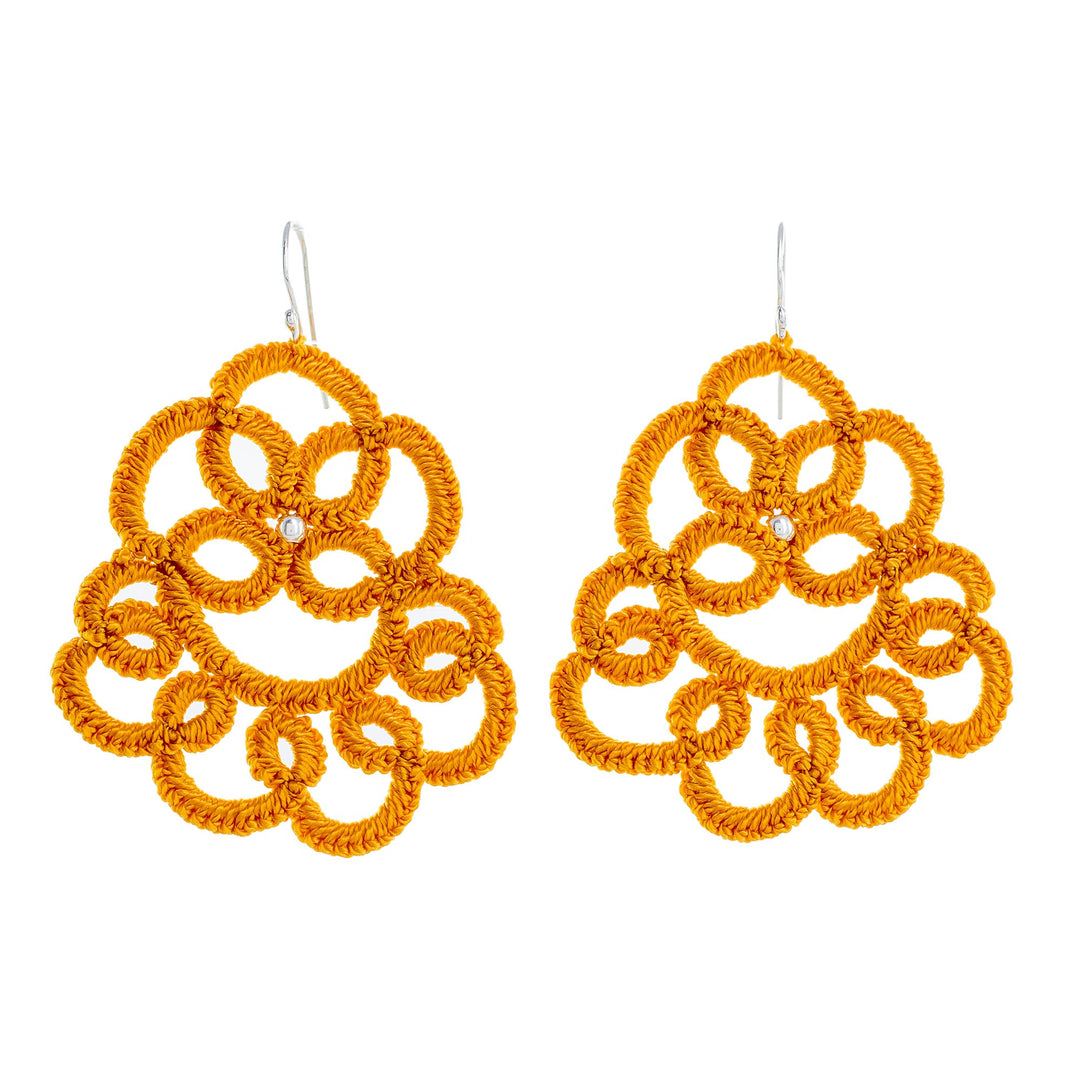 Hand-Tatted Dangle Earrings in Marigold from Guatemala - Elegant Swirls in Marigold