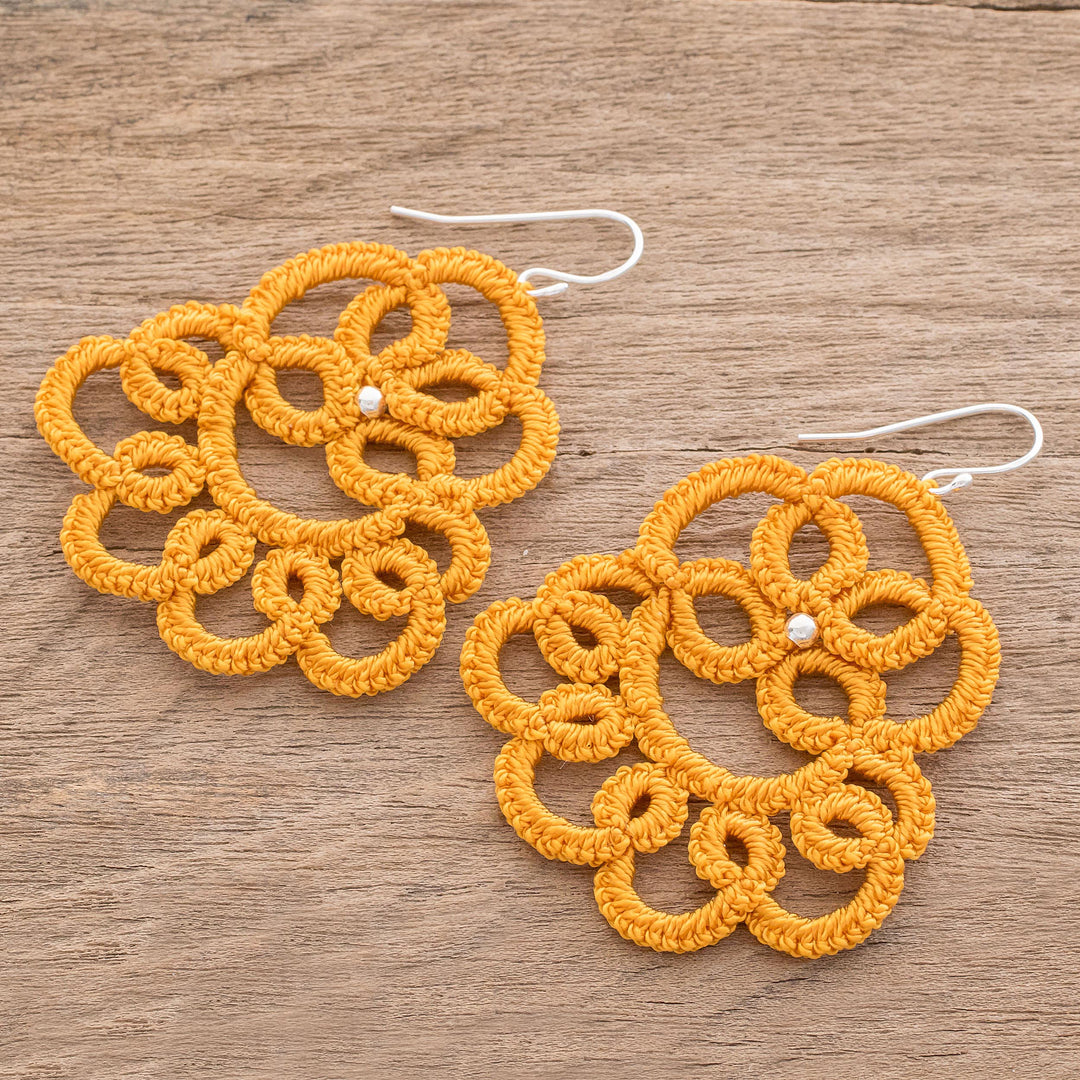 Hand-Tatted Dangle Earrings in Marigold from Guatemala - Elegant Swirls in Marigold