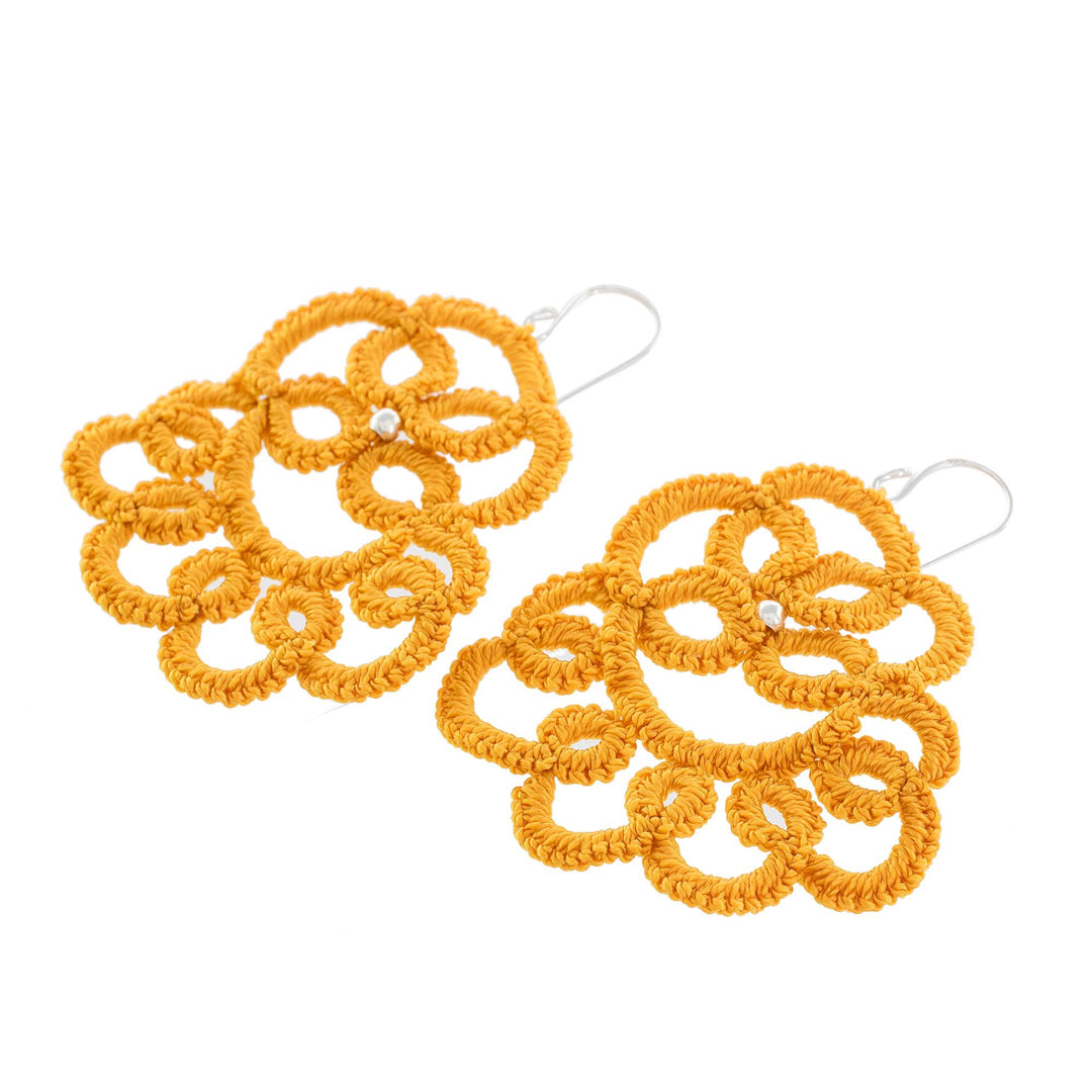 Hand-Tatted Dangle Earrings in Marigold from Guatemala - Elegant Swirls in Marigold