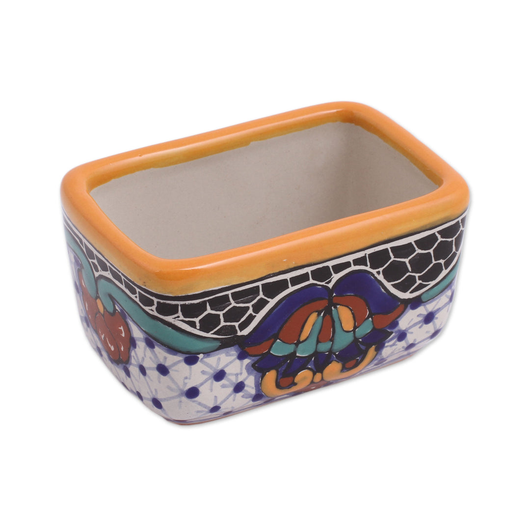 Hand-Painted Ceramic Sugar and Tea Holder from Mexico - Zacatlan Flowers