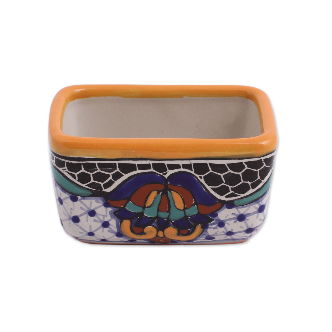 Hand-Painted Ceramic Sugar and Tea Holder from Mexico - Zacatlan Flowers