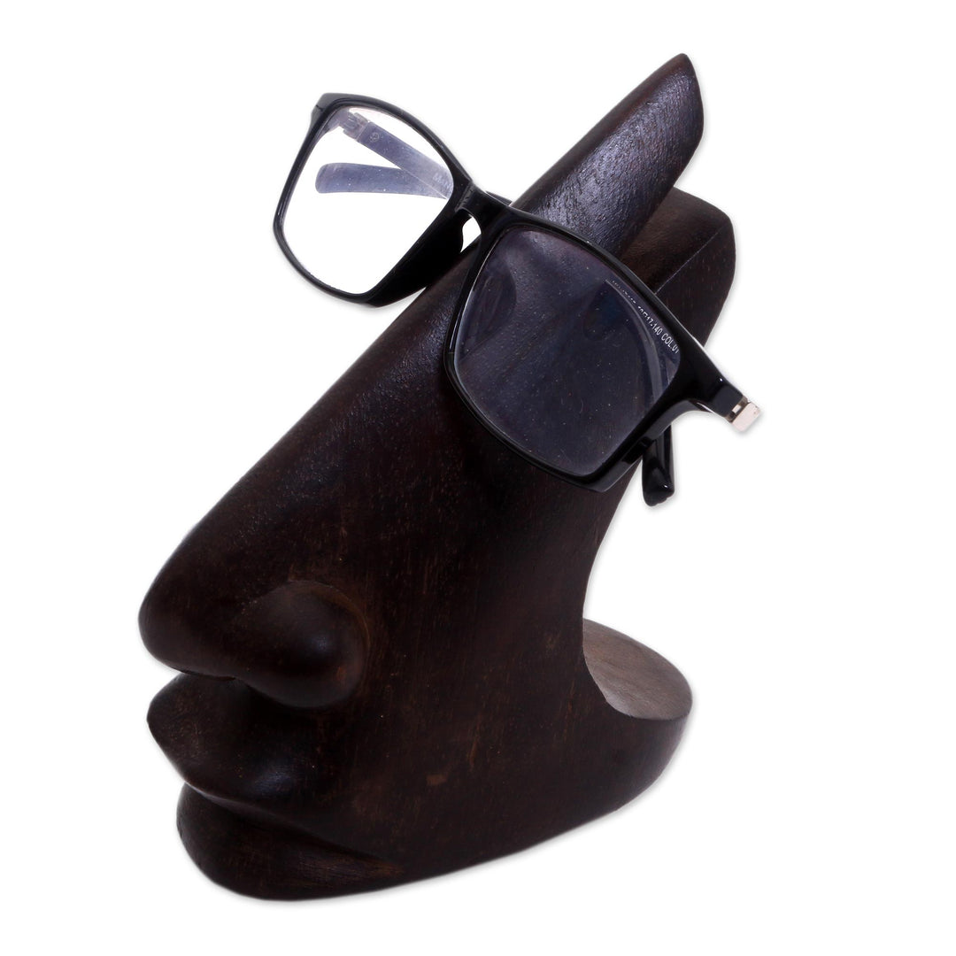 Wood Eyeglasses Stand in Dark Brown from Bali - Prominent Nose in Dark Brown