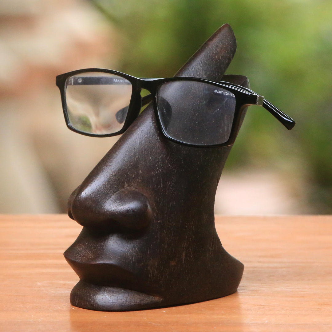 Wood Eyeglasses Stand in Dark Brown from Bali - Prominent Nose in Dark Brown