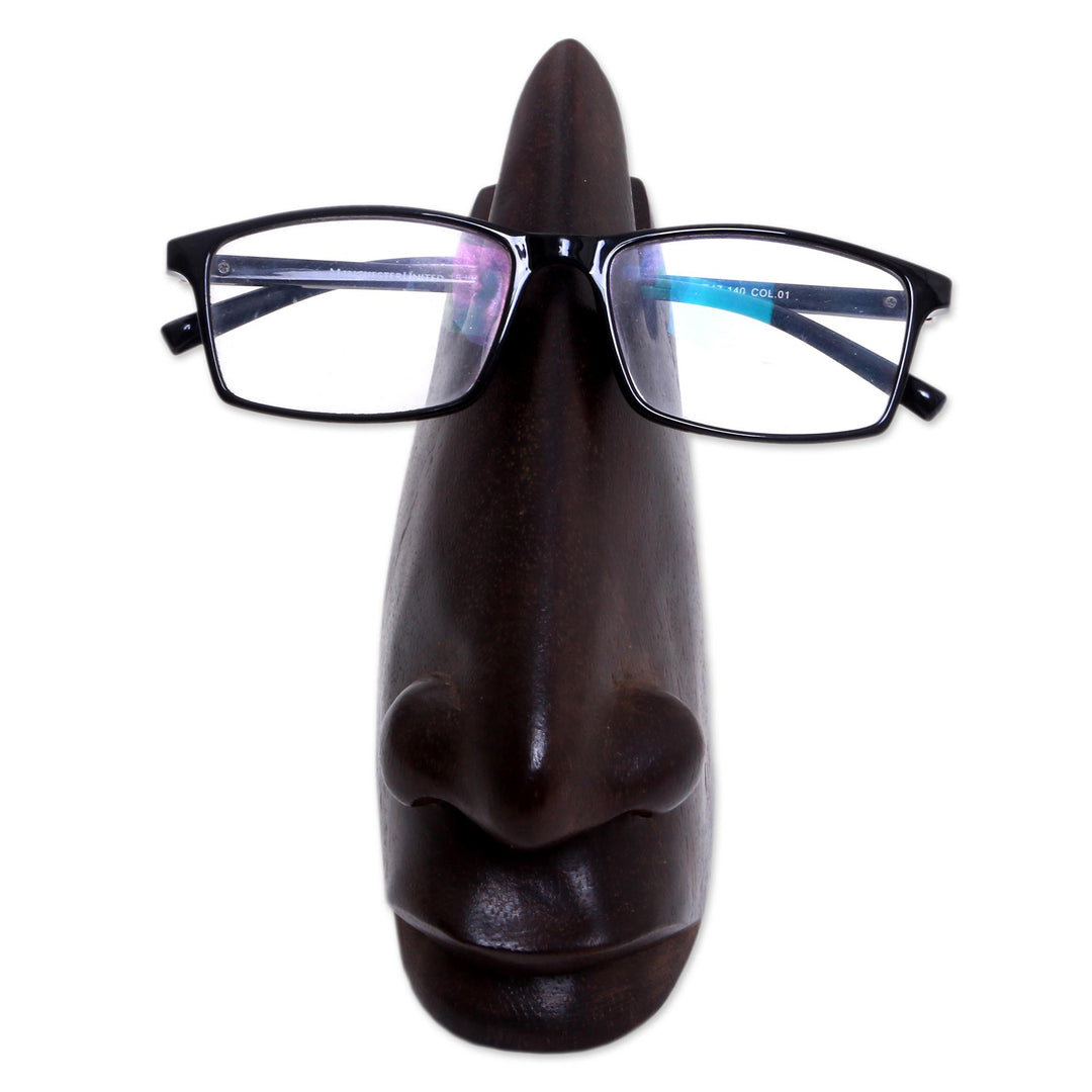 Wood Eyeglasses Stand in Dark Brown from Bali - Prominent Nose in Dark Brown