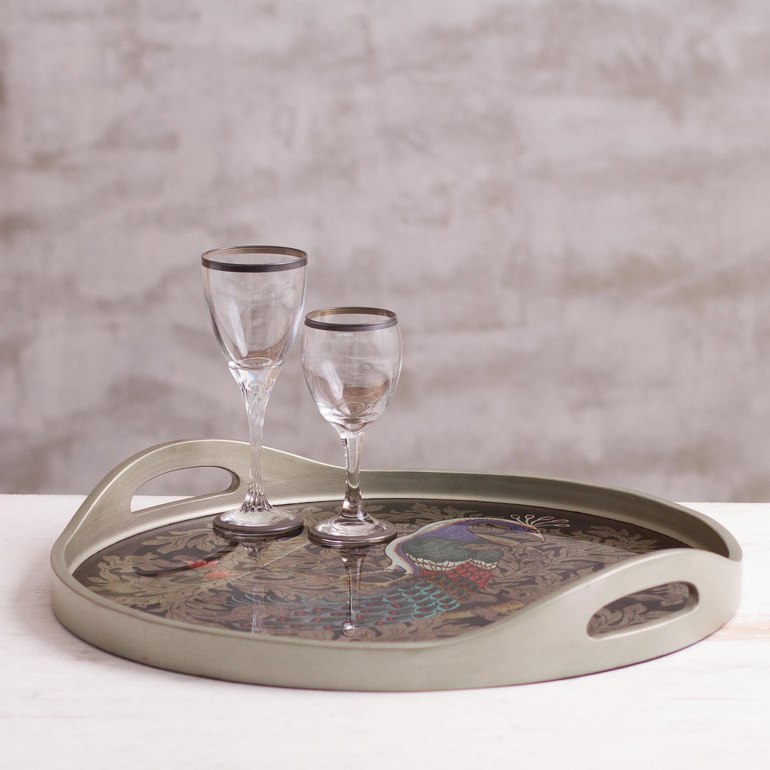 Reverse-Painted Glass Peacock Tray in Silver from Peru - Mystic Peacock in Silver