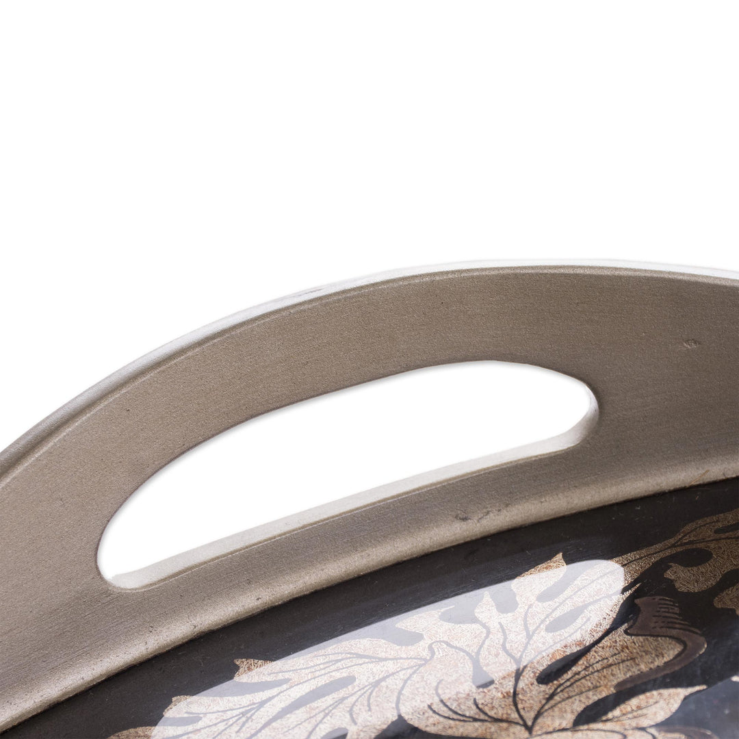 Reverse-Painted Glass Peacock Tray in Silver from Peru - Mystic Peacock in Silver