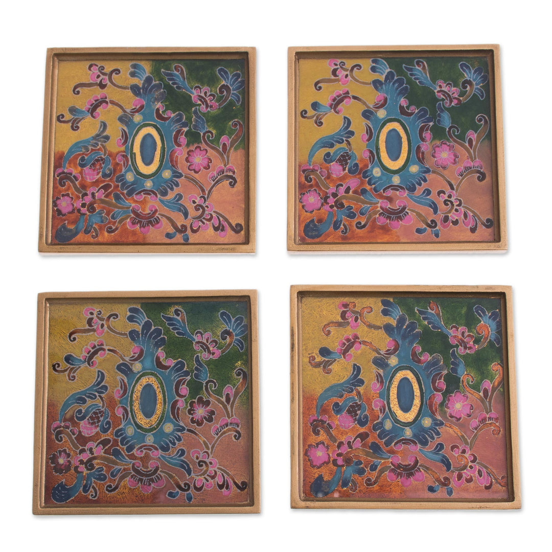 Colorful Reverse-Painted Glass Coasters from Peru (Set of 4) - Artisanal Color