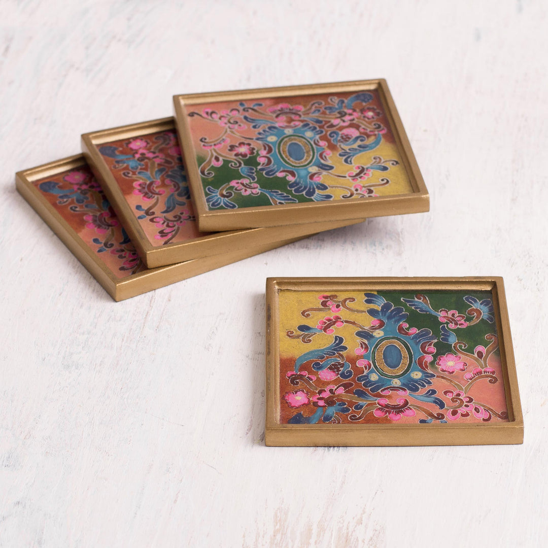 Colorful Reverse-Painted Glass Coasters from Peru (Set of 4) - Artisanal Color