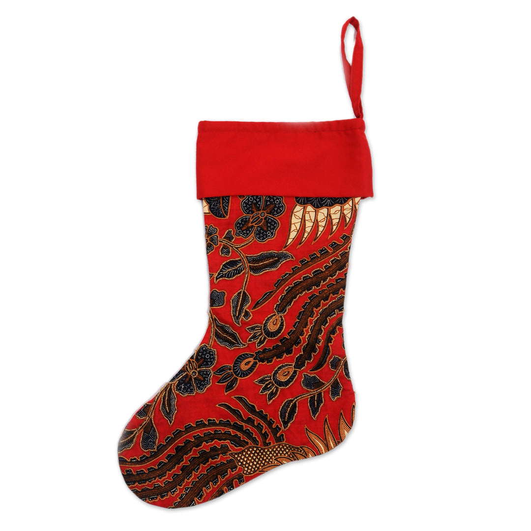 Floral Batik Cotton Stocking in Chili from Bali - Batik Holiday