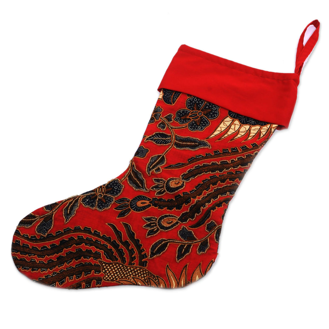Floral Batik Cotton Stocking in Chili from Bali - Batik Holiday