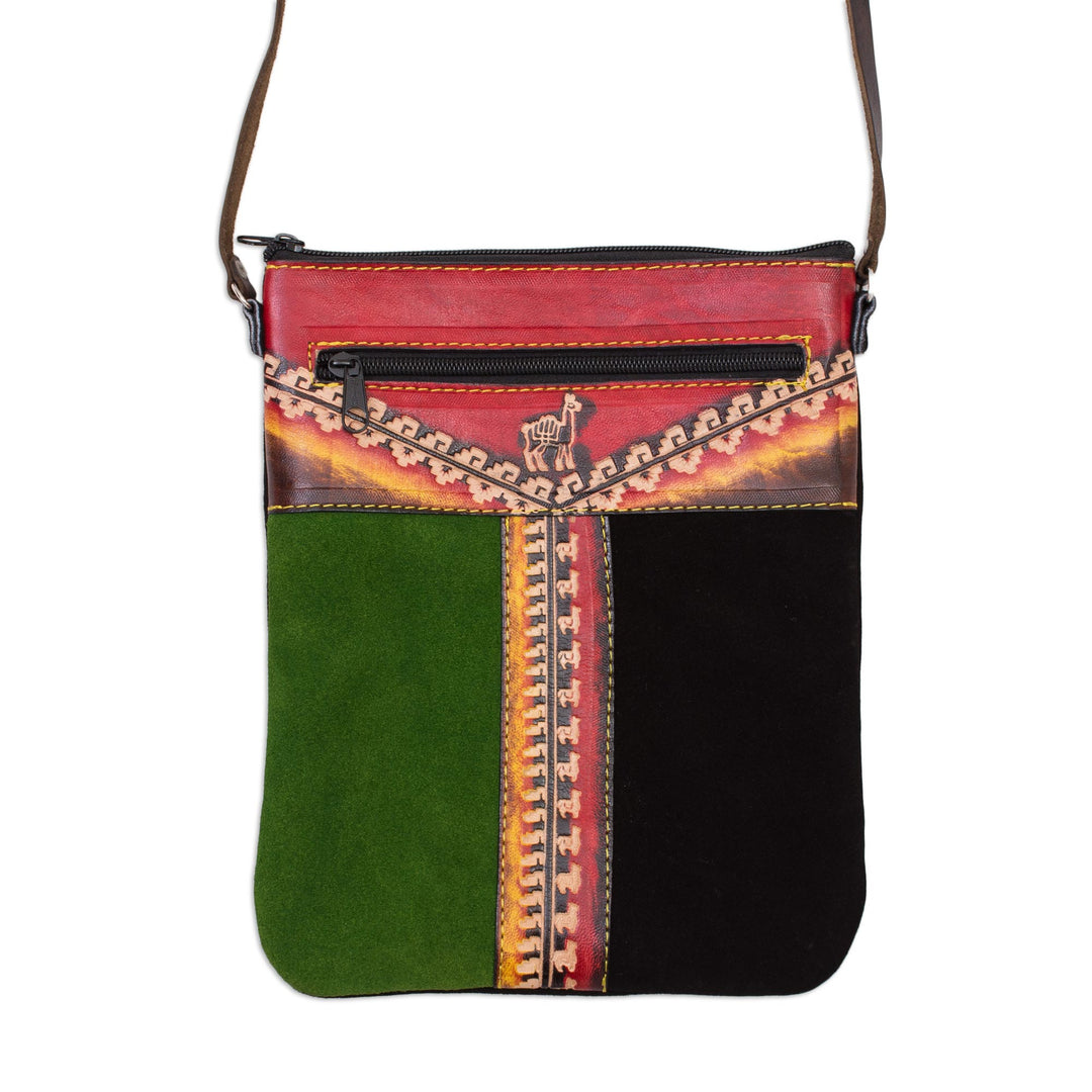 Llama-Themed Multicolored Leather Sling from Peru - Cusco Traveler