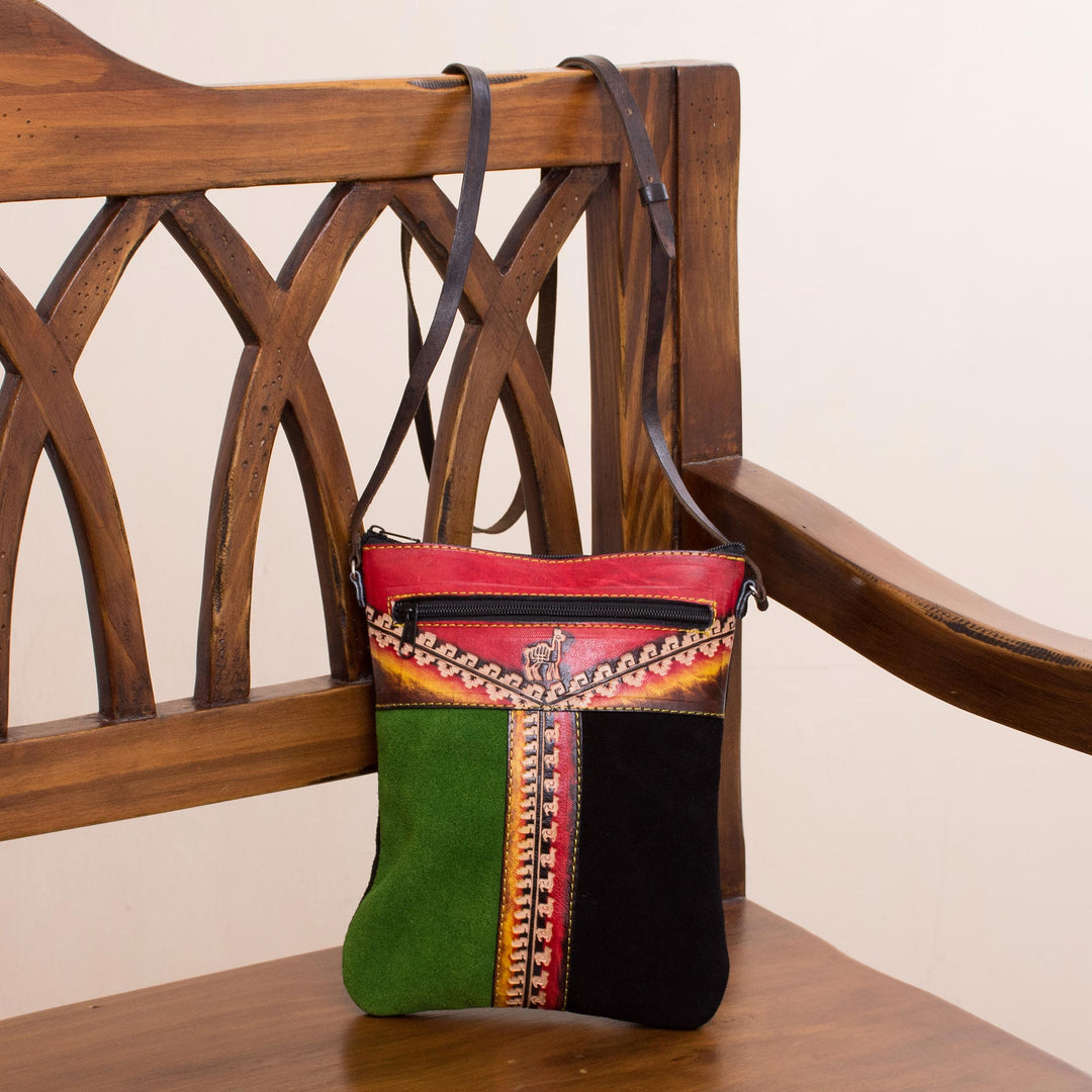 Llama-Themed Multicolored Leather Sling from Peru - Cusco Traveler