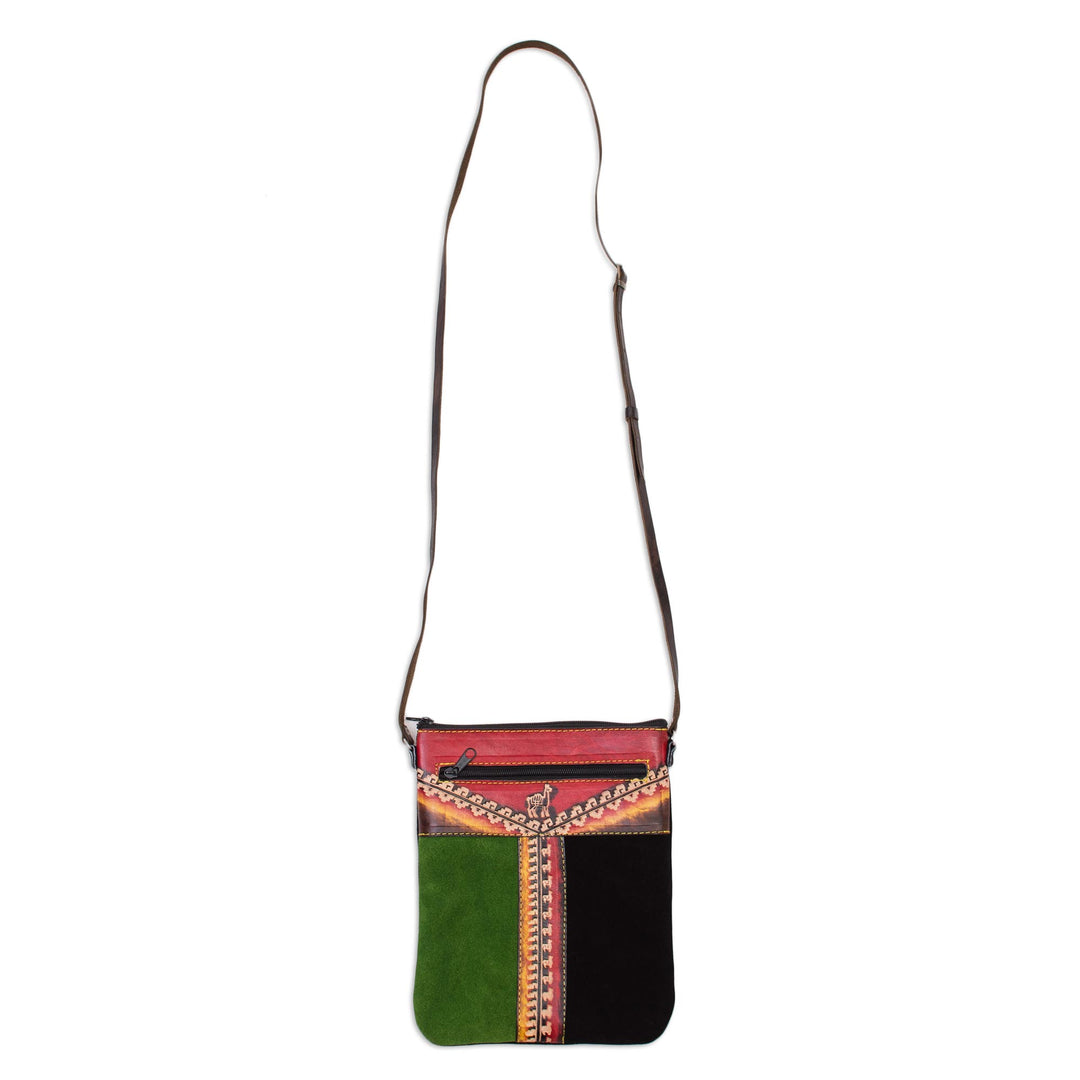 Llama-Themed Multicolored Leather Sling from Peru - Cusco Traveler