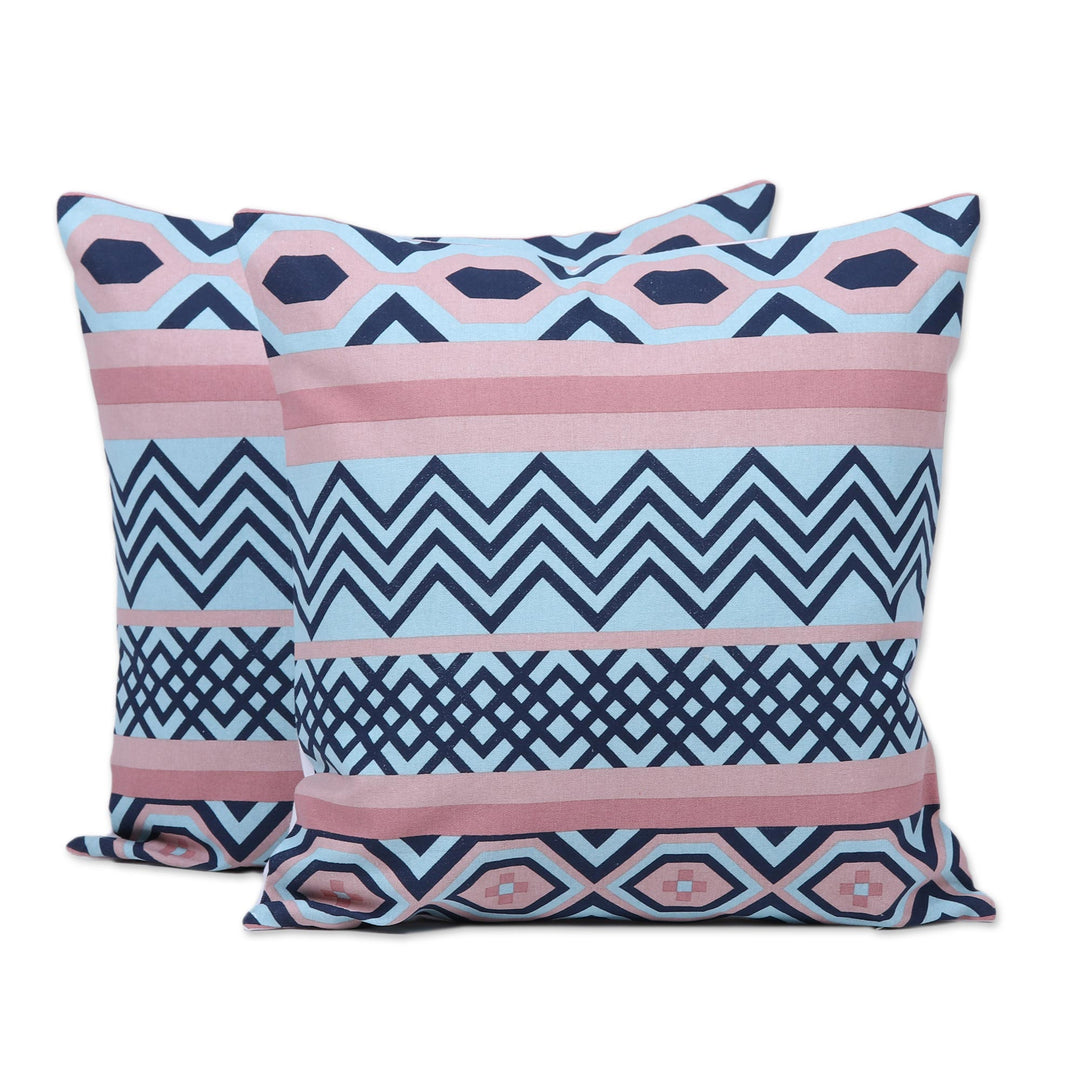 Pastel and Navy Geometric Pair of Cotton Cushion Covers - Modern Stripes