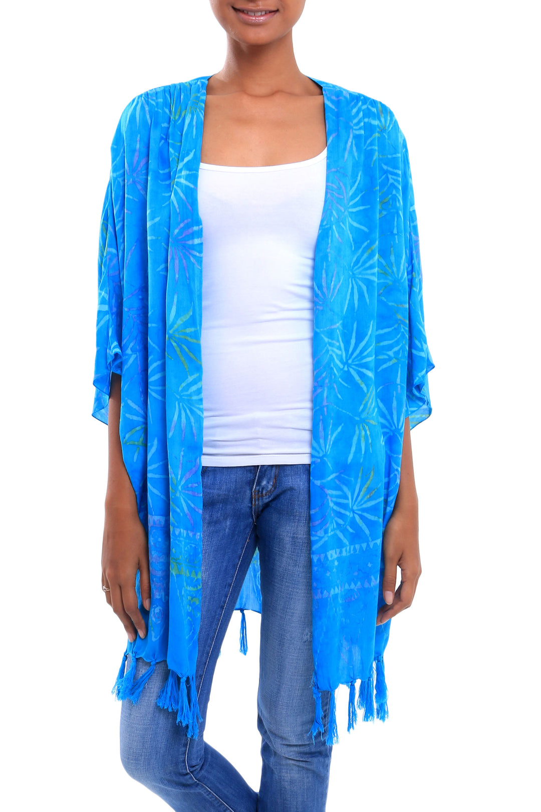 Turquoise Hand Batik Bamboo Leaf Motif Rayon Kimono Jacket - Under the Palms