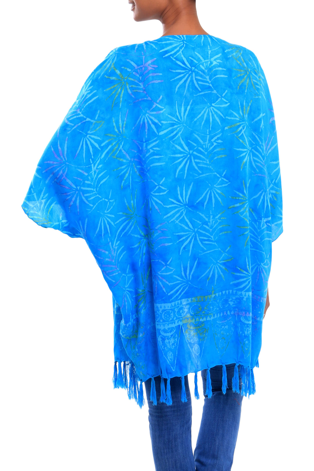 Turquoise Hand Batik Bamboo Leaf Motif Rayon Kimono Jacket - Under the Palms
