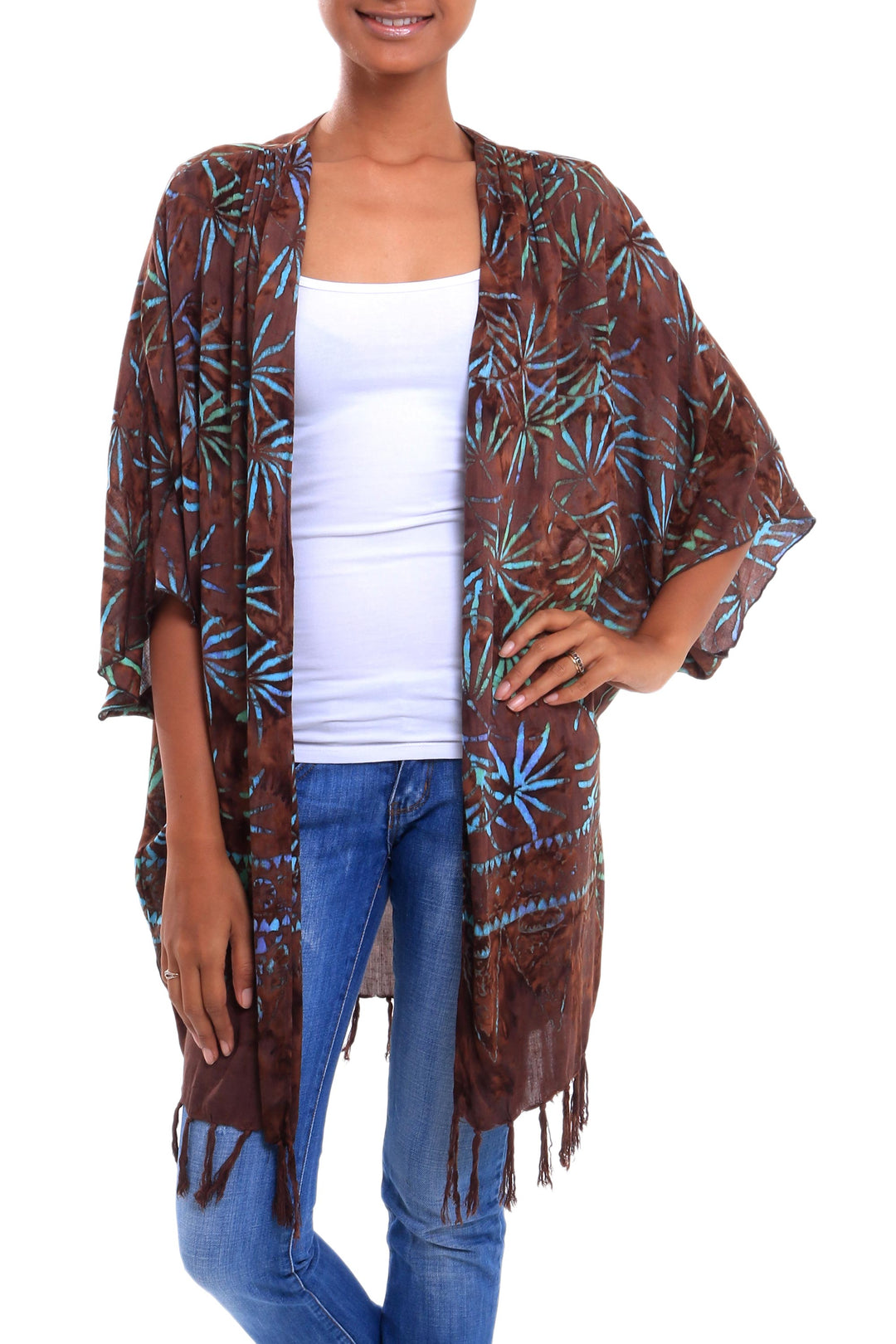 Leaf Motif Batik Rayon Kimono Jacket in Brown from Bali - Denpasar Lady in Brown