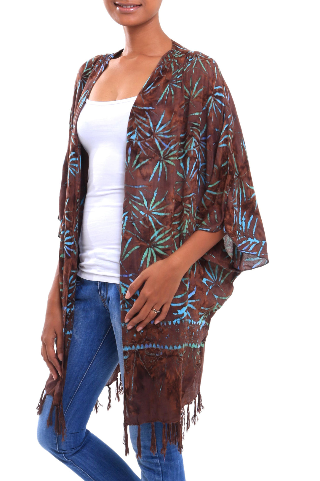 Leaf Motif Batik Rayon Kimono Jacket in Brown from Bali - Denpasar Lady in Brown