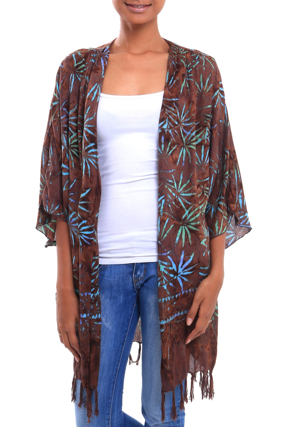 Leaf Motif Batik Rayon Kimono Jacket in Brown from Bali - Denpasar Lady in Brown