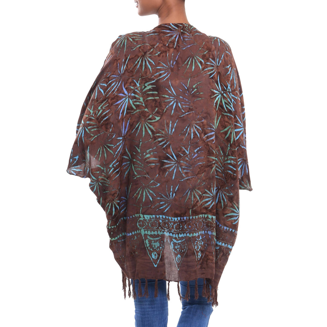 Leaf Motif Batik Rayon Kimono Jacket in Brown from Bali - Denpasar Lady in Brown