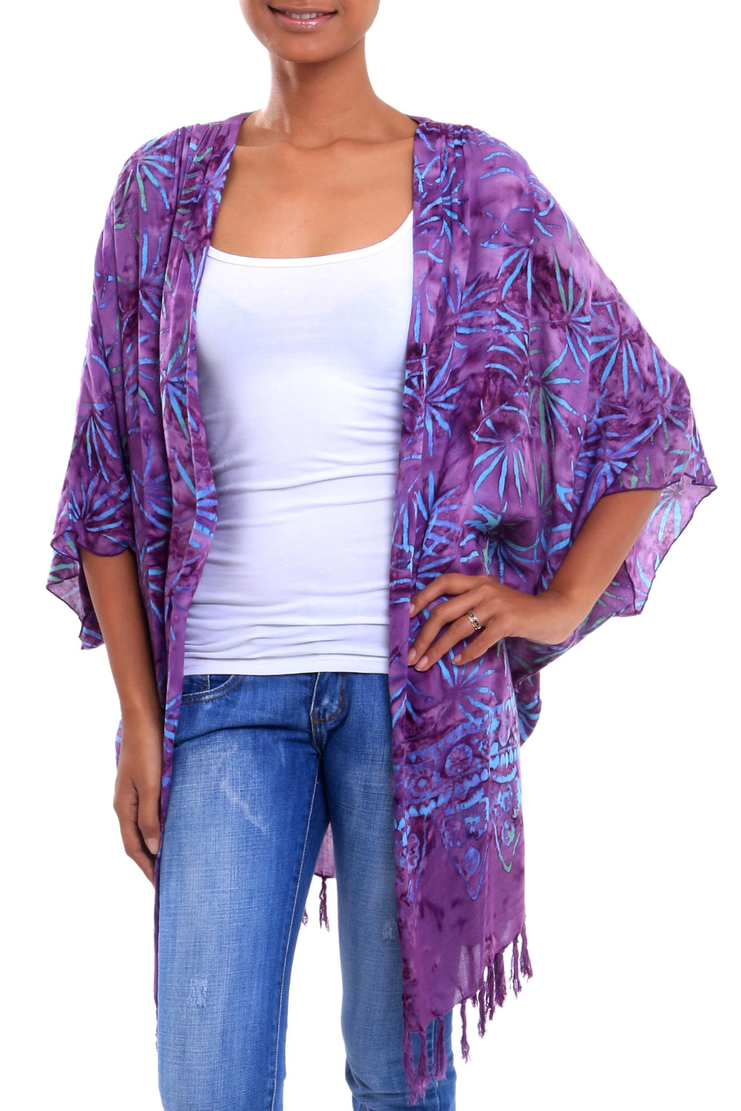 Leaf Motif Batik Rayon Kimono Jacket in Wisteria from Bali - Denpasar Lady in Wisteria