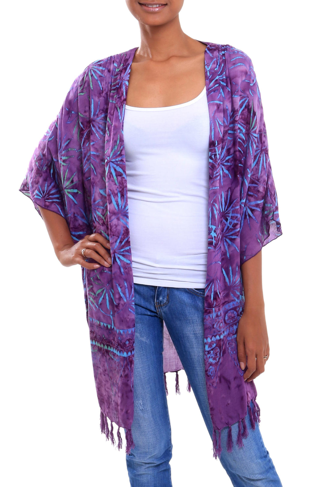 Leaf Motif Batik Rayon Kimono Jacket in Wisteria from Bali - Denpasar Lady in Wisteria