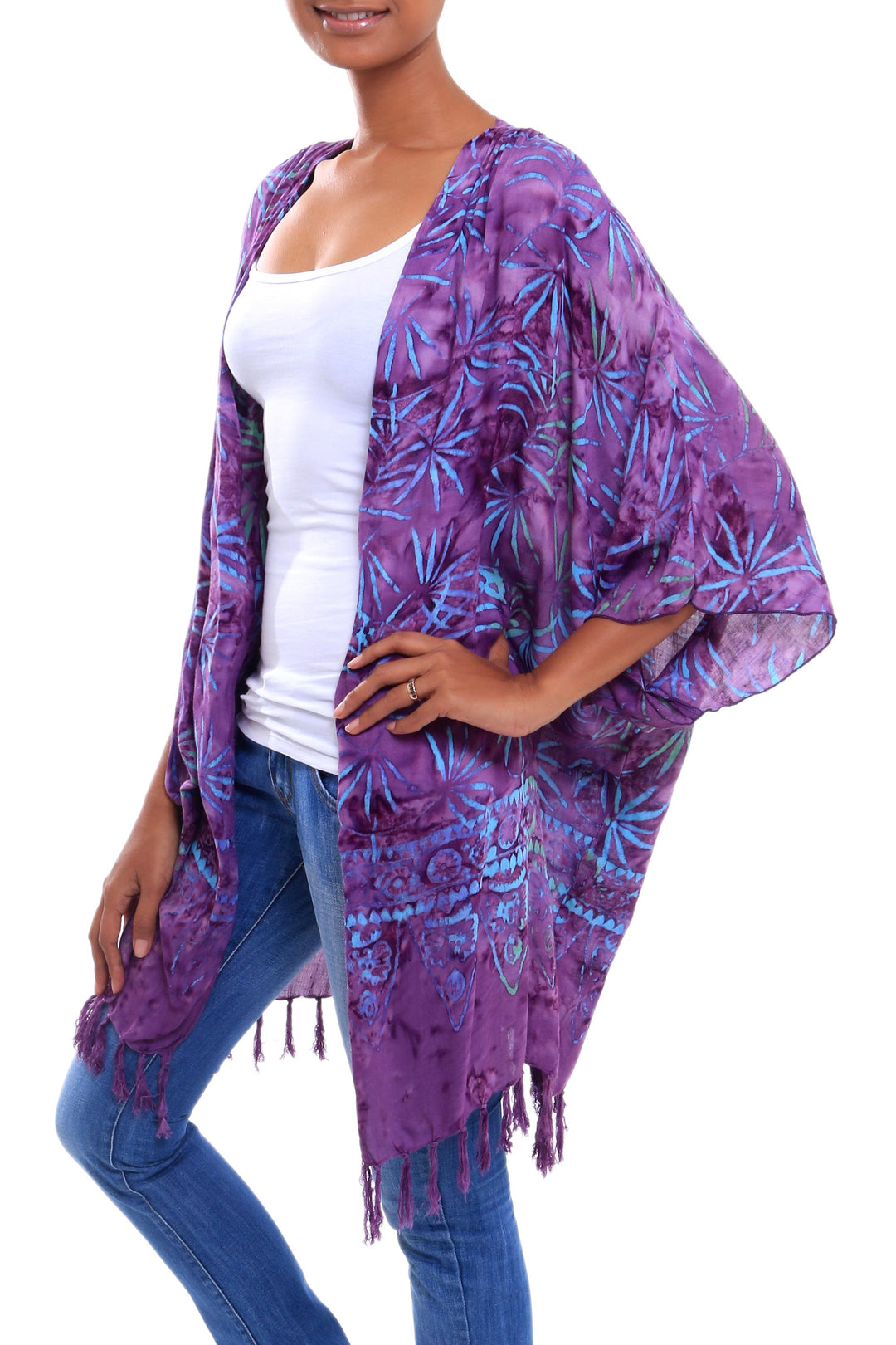 Leaf Motif Batik Rayon Kimono Jacket in Wisteria from Bali - Denpasar Lady in Wisteria