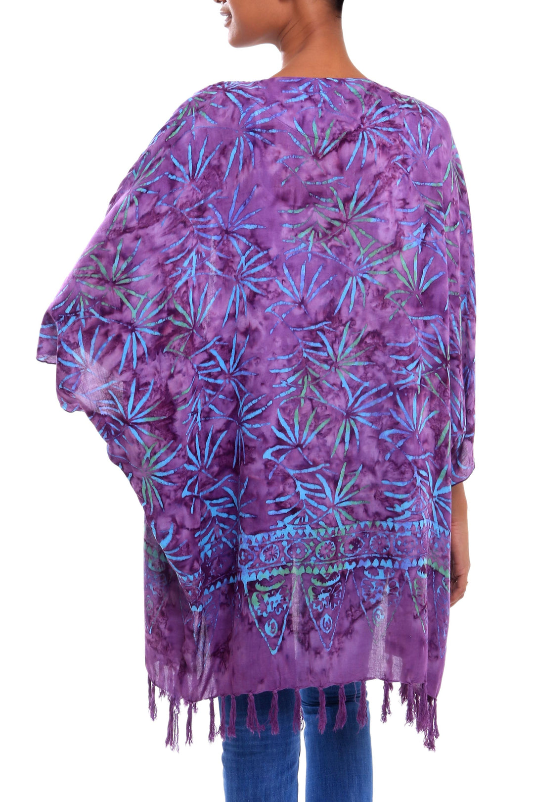 Leaf Motif Batik Rayon Kimono Jacket in Wisteria from Bali - Denpasar Lady in Wisteria
